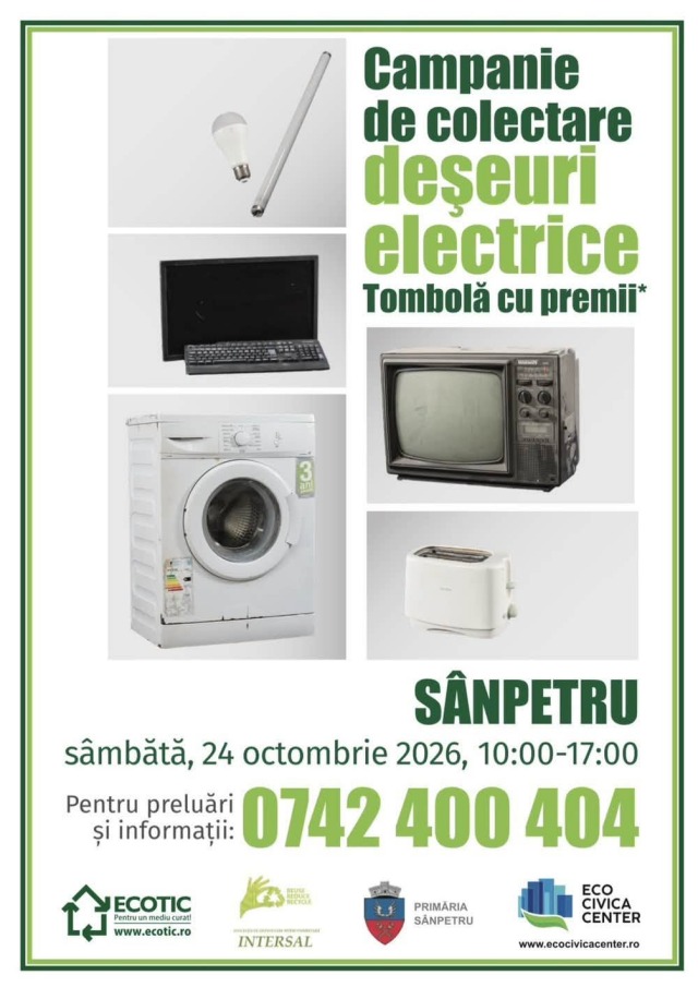 Sânpetru: Campanie de colectare a deșeurilor electrice, sâmbătă, 24 octombrie Tombolă cu premii pentru cei care reciclează